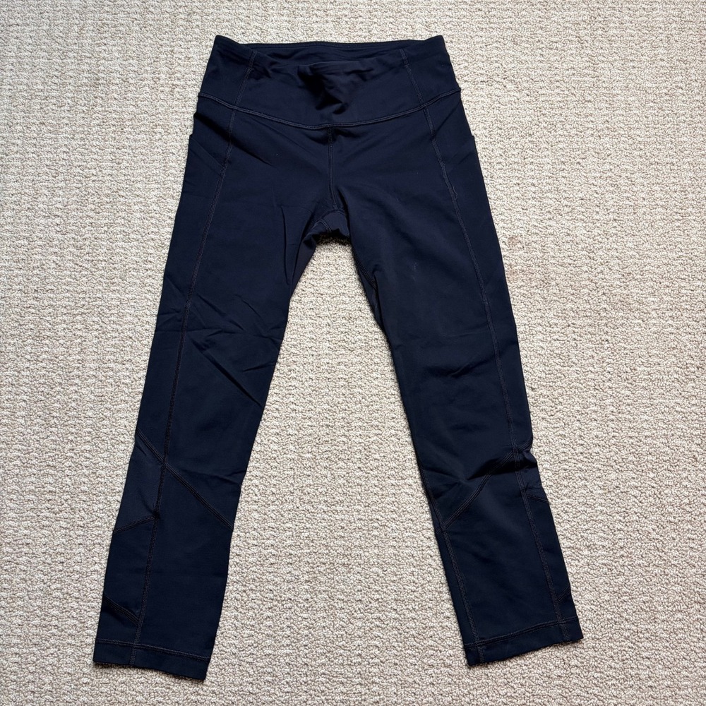 Lululemon‎ Black Cropped Leggings Mesh Panel Running Pants Zipper Pocket